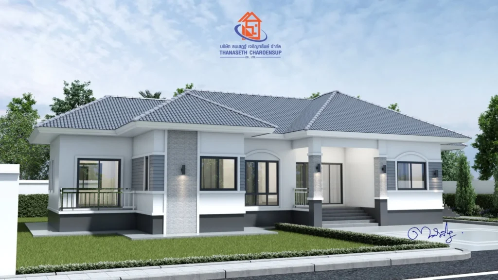 แบบบ้านชั้นเดียวสไตล์โมเดิร์นคอนเทมโพรารี หลังคาทรงปั้นหยาโทนสีสว่างตัดเส้นสายสีเทาเข้ม