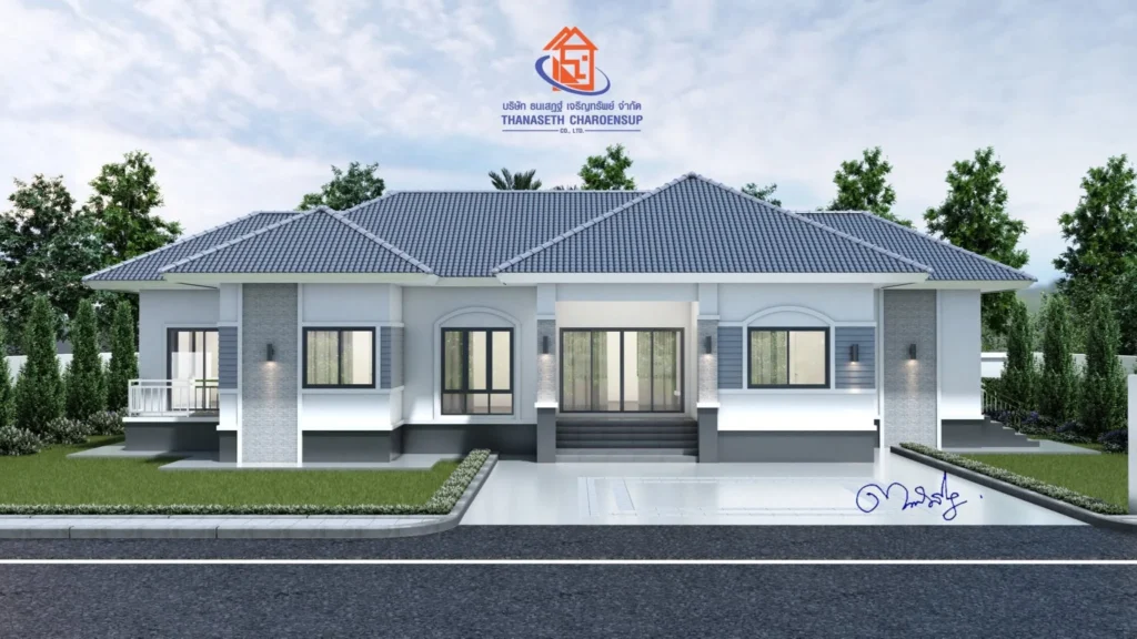 ภาพจำลองสามมิติตัวบ้านร่วมสมัยโทนสีครีมขาว ตกแต่งผนังใต้ฝ้าด้วยไม้ระแนงสีน้ำตาลอบอุ่น